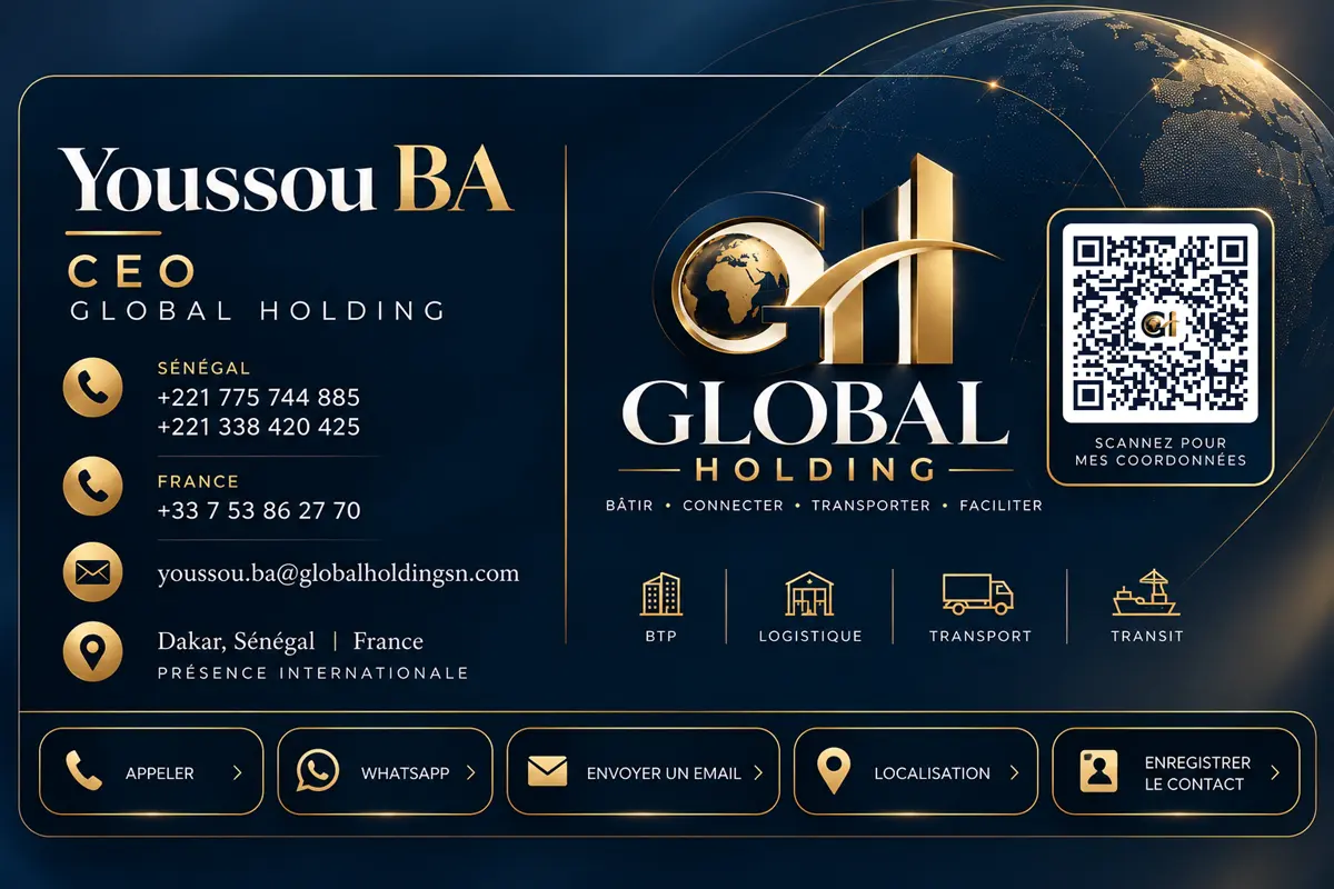 Carte de visite de Youssou BA, CEO de GLOBAL HOLDING, avec QR code